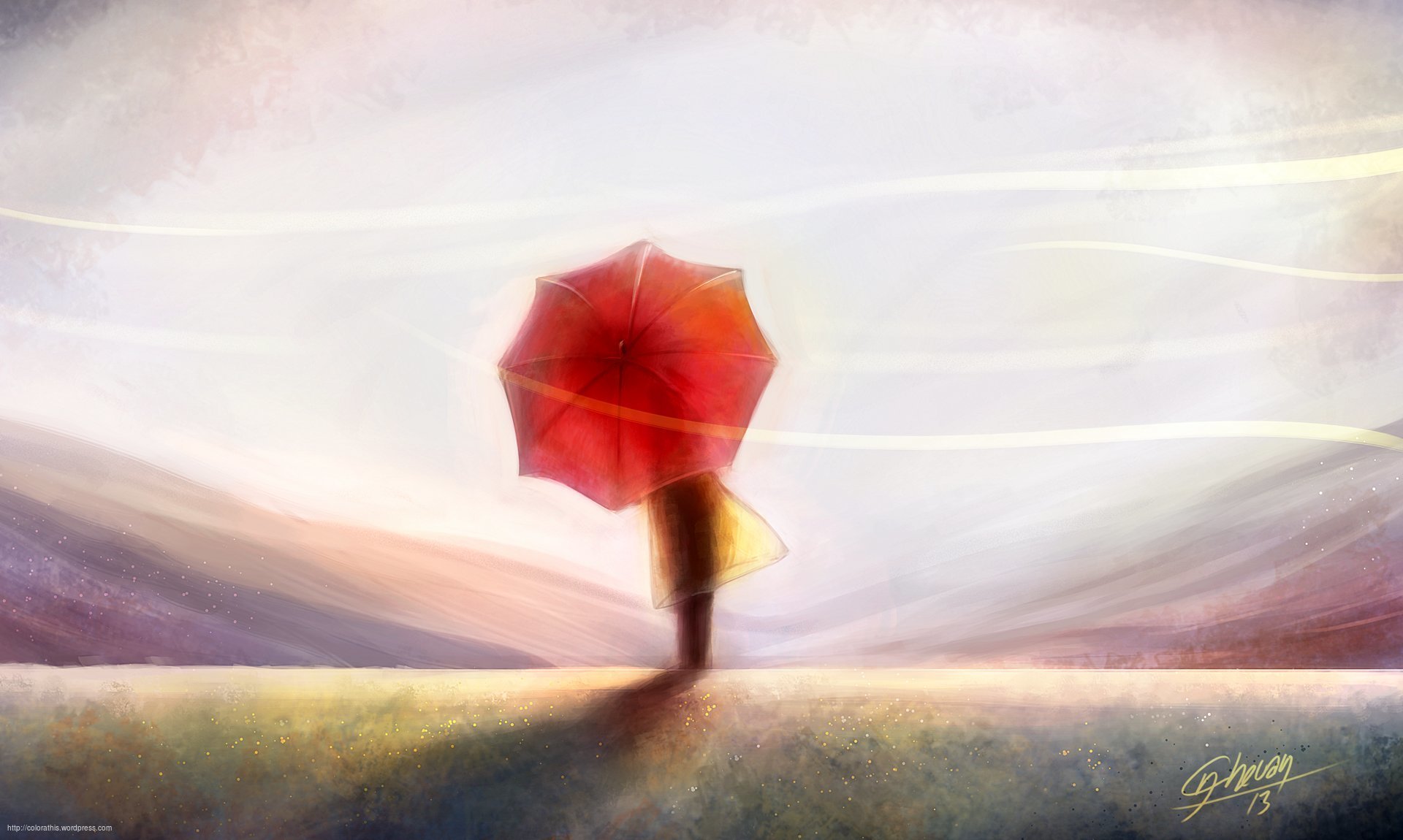 painting art man spin red umbrella sky wind