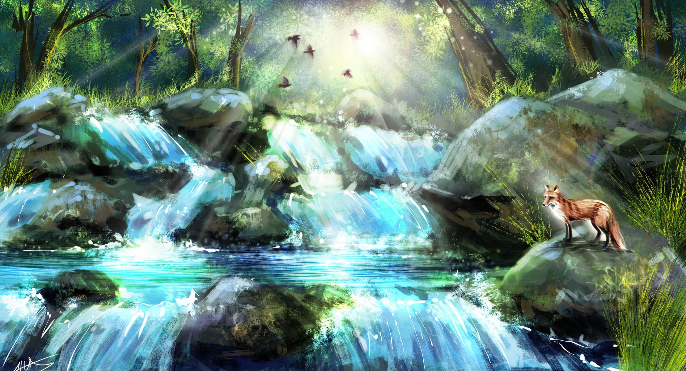 art waterfall stones rays nature birds fox tree