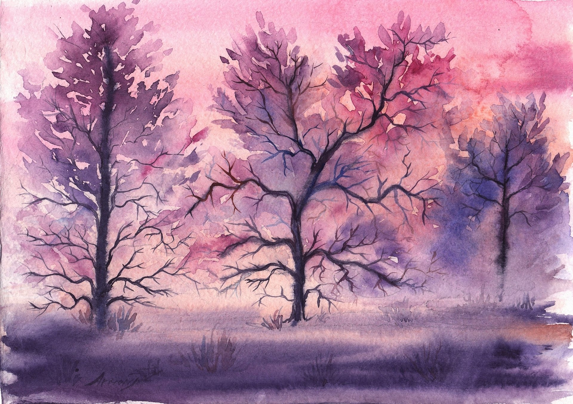 gezeichnete landschaft aquarell bäume gras