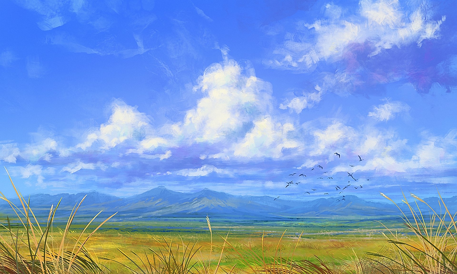 art painted landscape birds mountain clouds wind