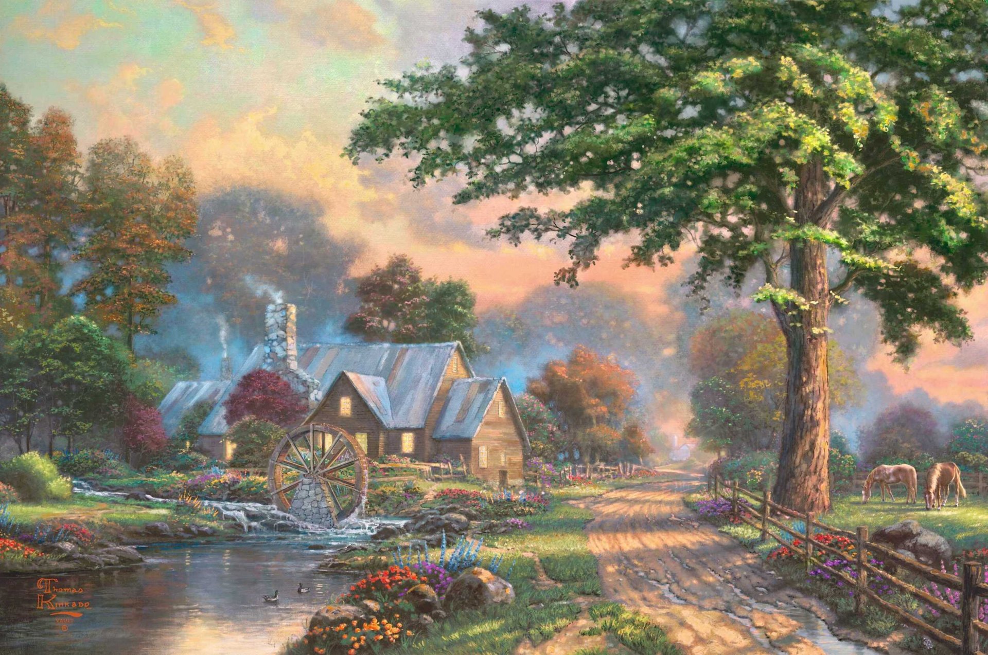 impler times thomas kinkade painting kinkade summer village house horse river creek waterwheel wheel