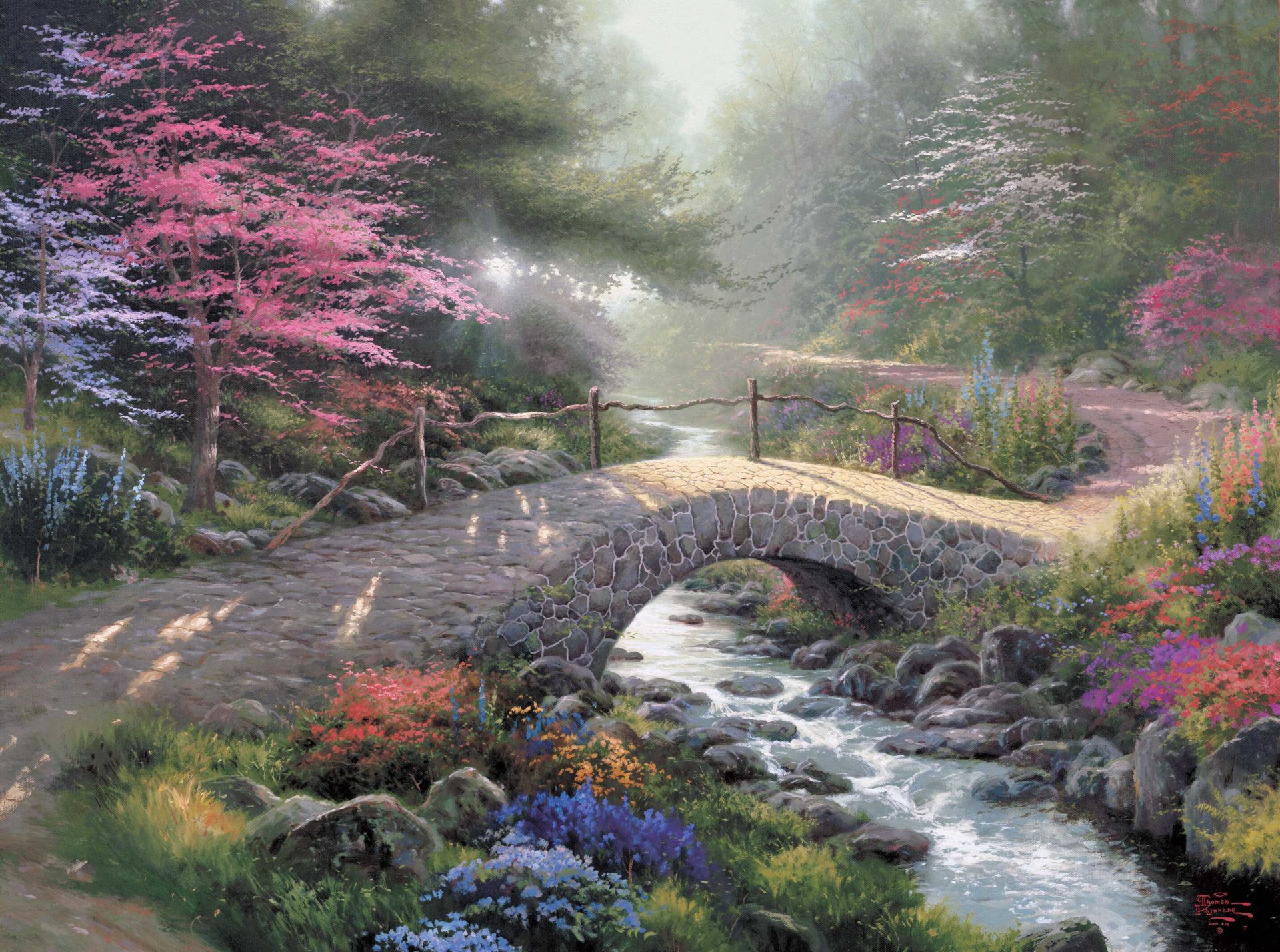 ponte della fede thomas kincaid pittura kincaid ponte luce del sole luce foresta parco ruscello natura