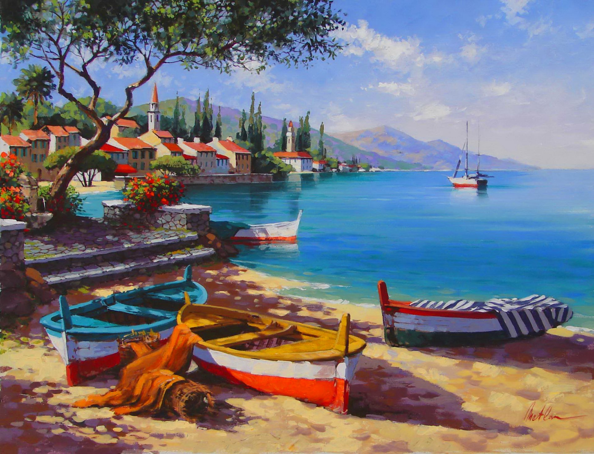 anatoly metlan pintura paisaje cielo mar ciudad bahía barcos barco montañas