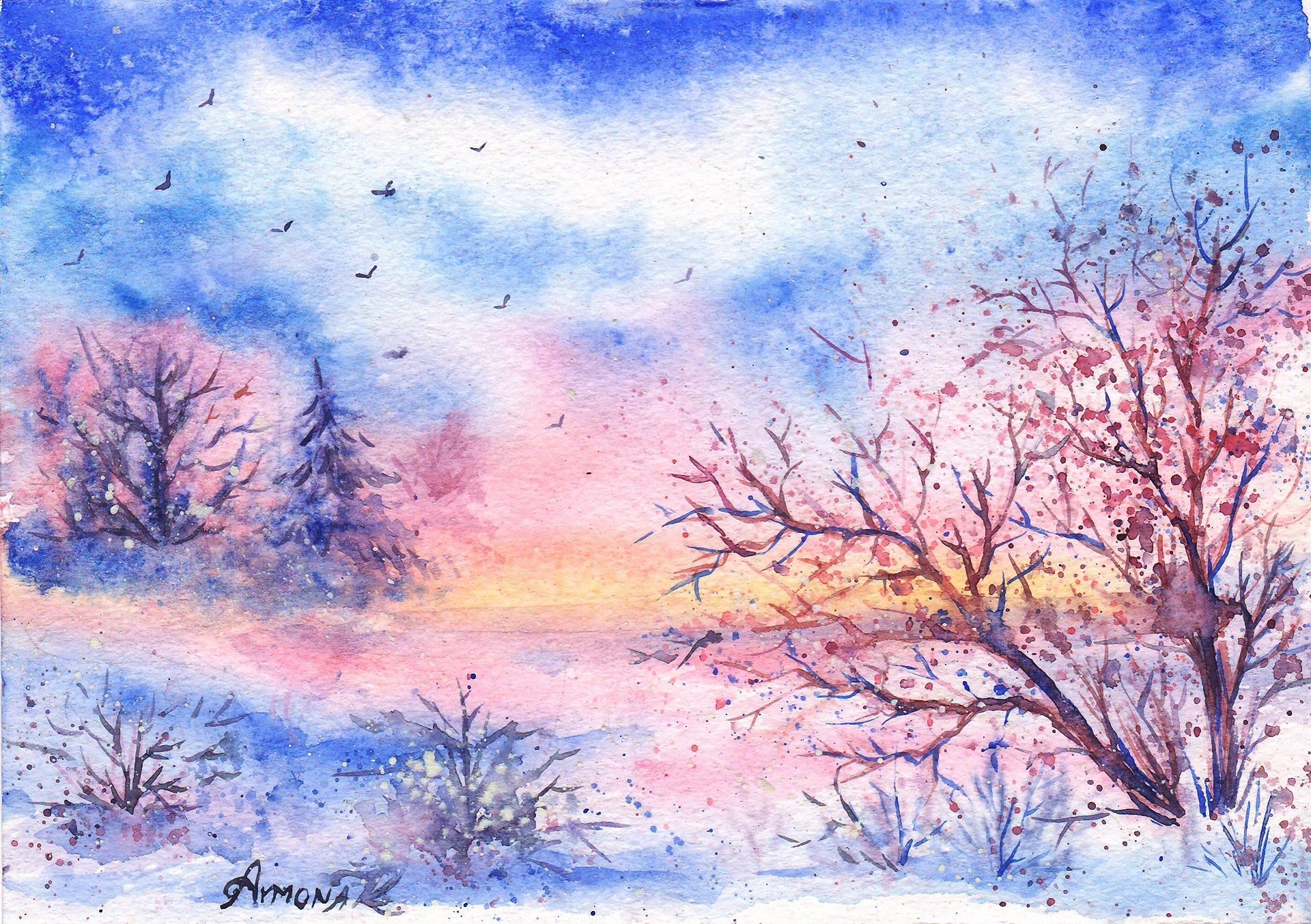 painted landscape watercolor winter snow birds tree