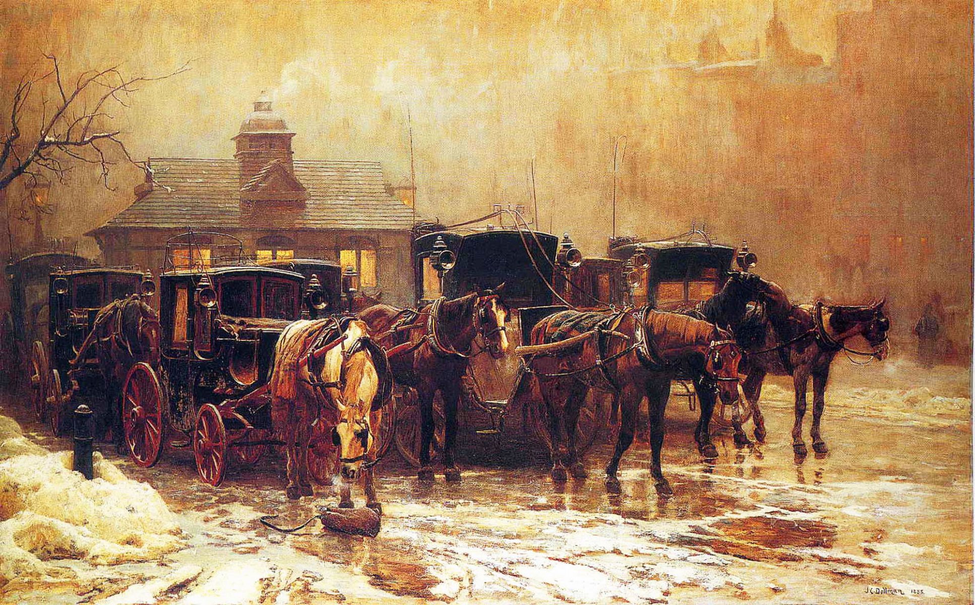 pittura neve fanghiglia stazione postale londra sera cavallo