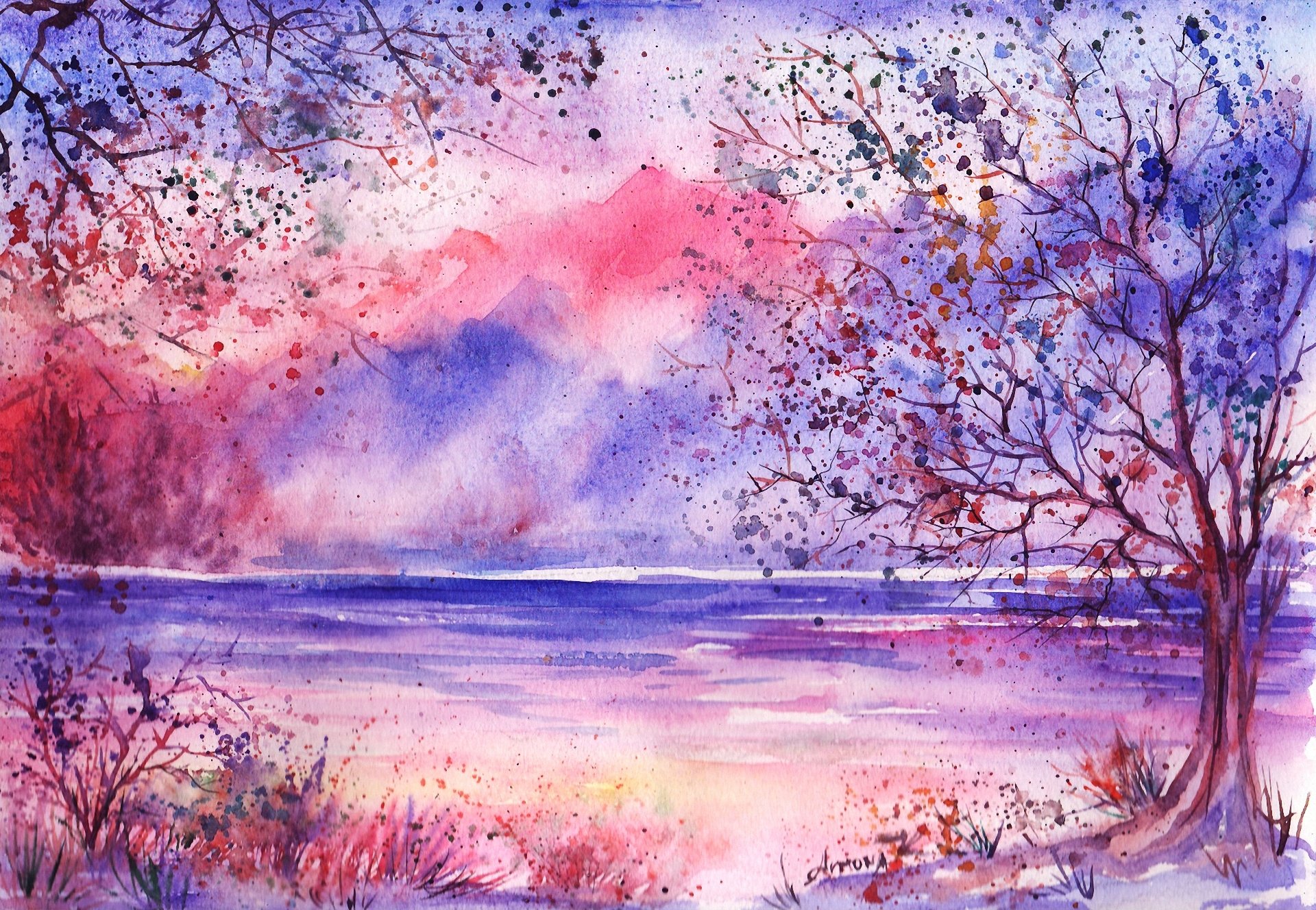 paysage peint aquarelle lac feuillage montagnes herbe arbres