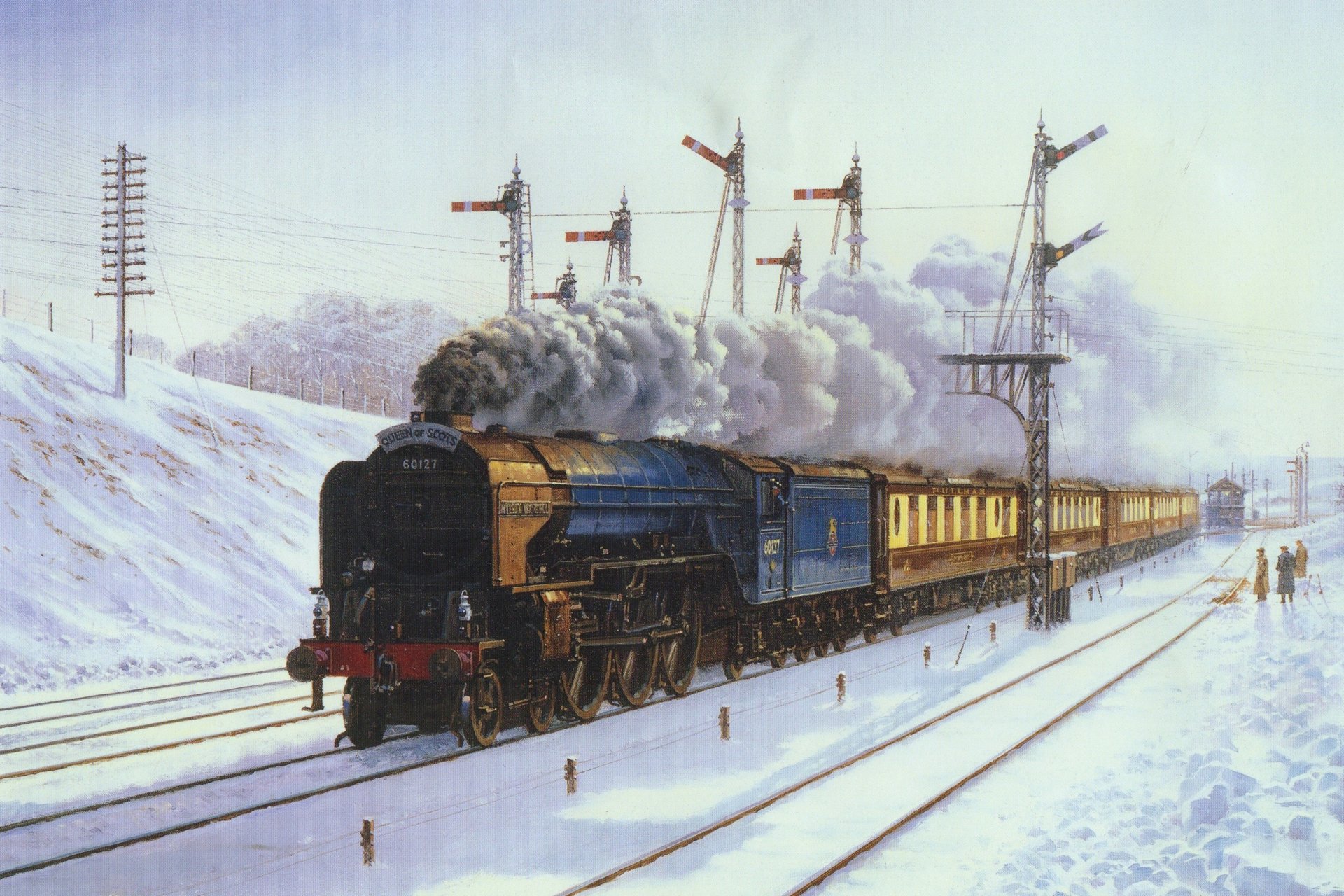 peinture toile paysage train locomotive à vapeur wagons hiver neige semi-remorque personnes