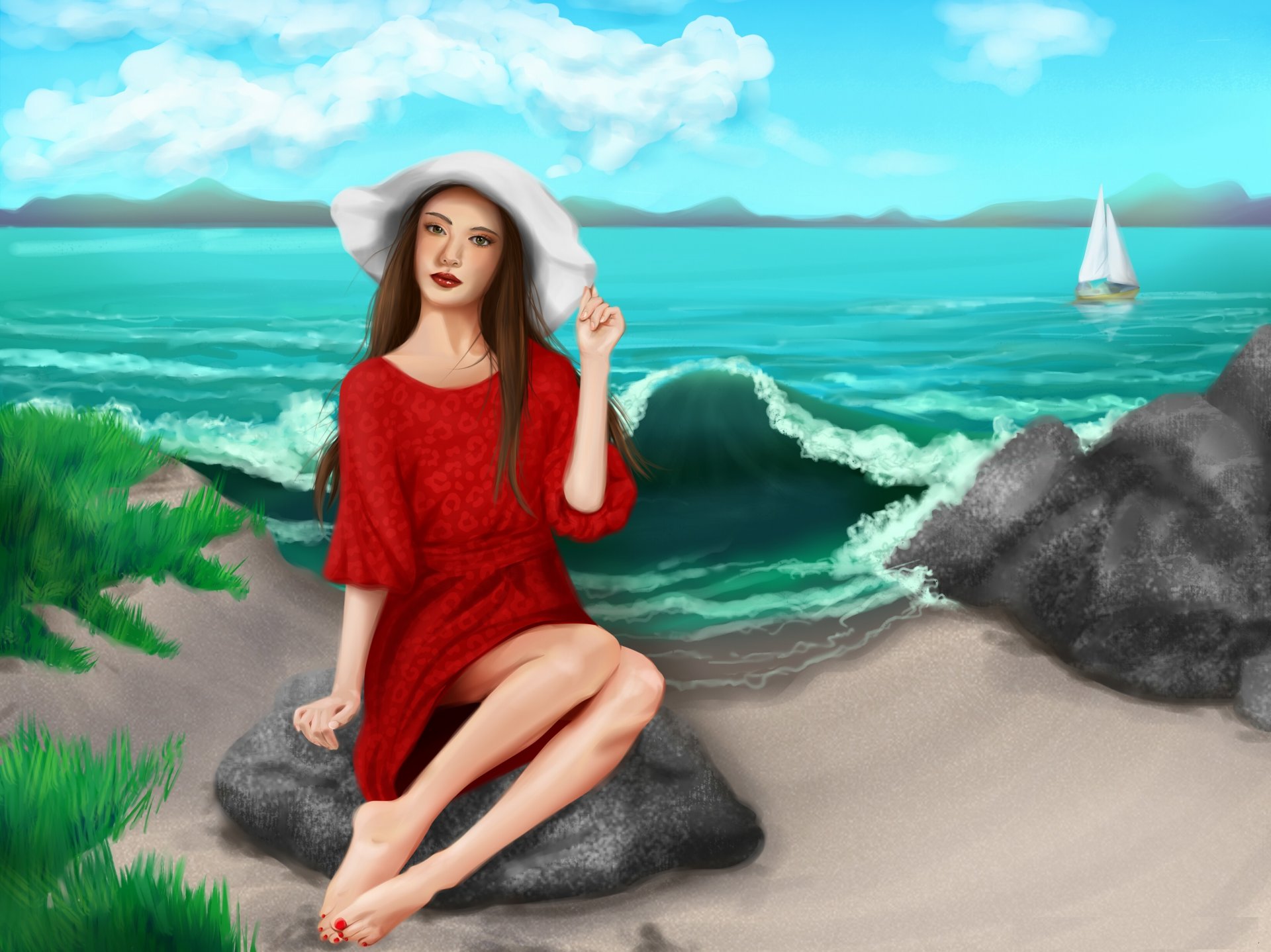 pintura arte chica mirada sombrero vestido rojo piernas arena mar cielo nubes