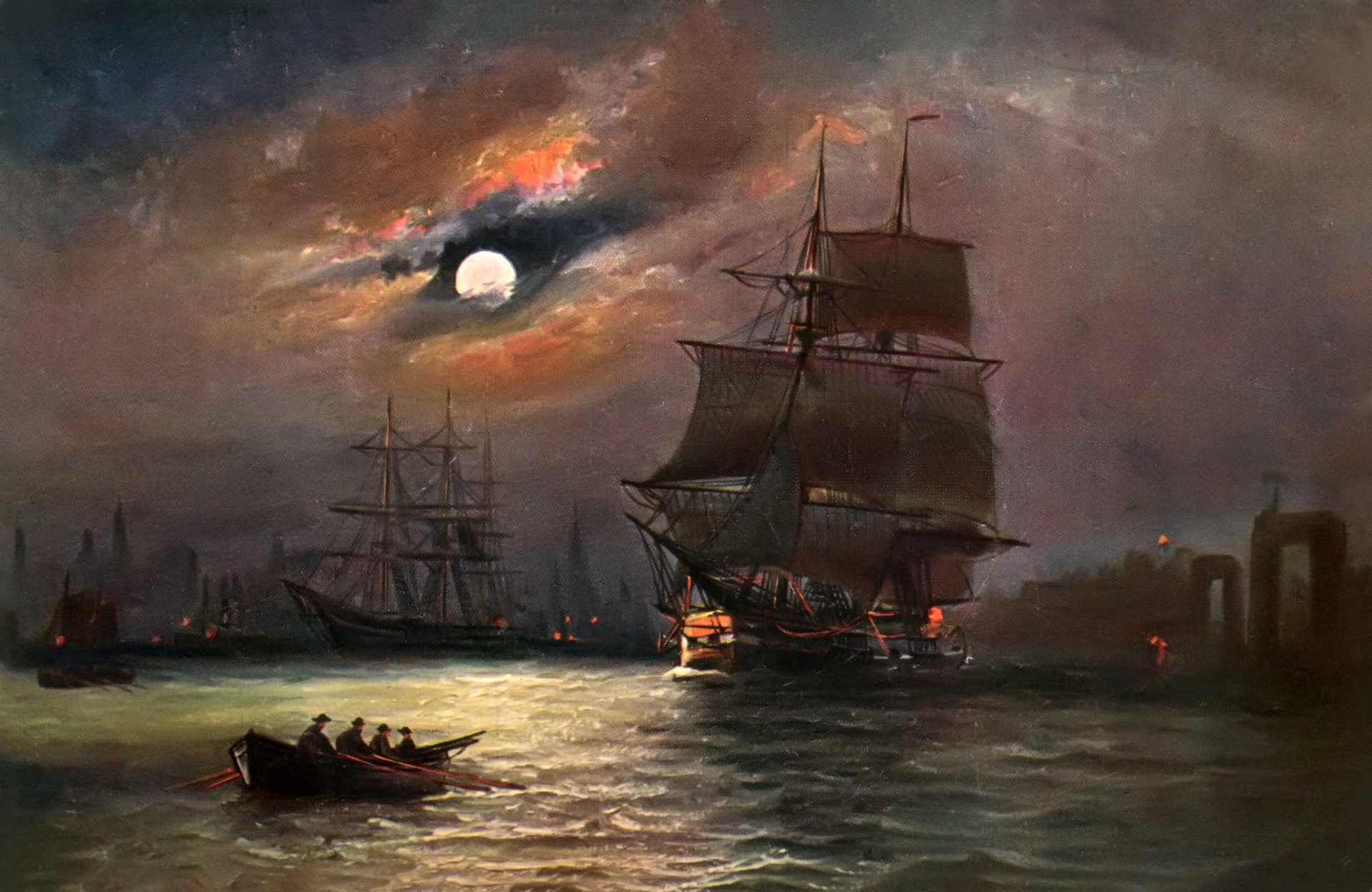 alfred jansen pittura paesaggio mare cielo nave vele barca notte luna