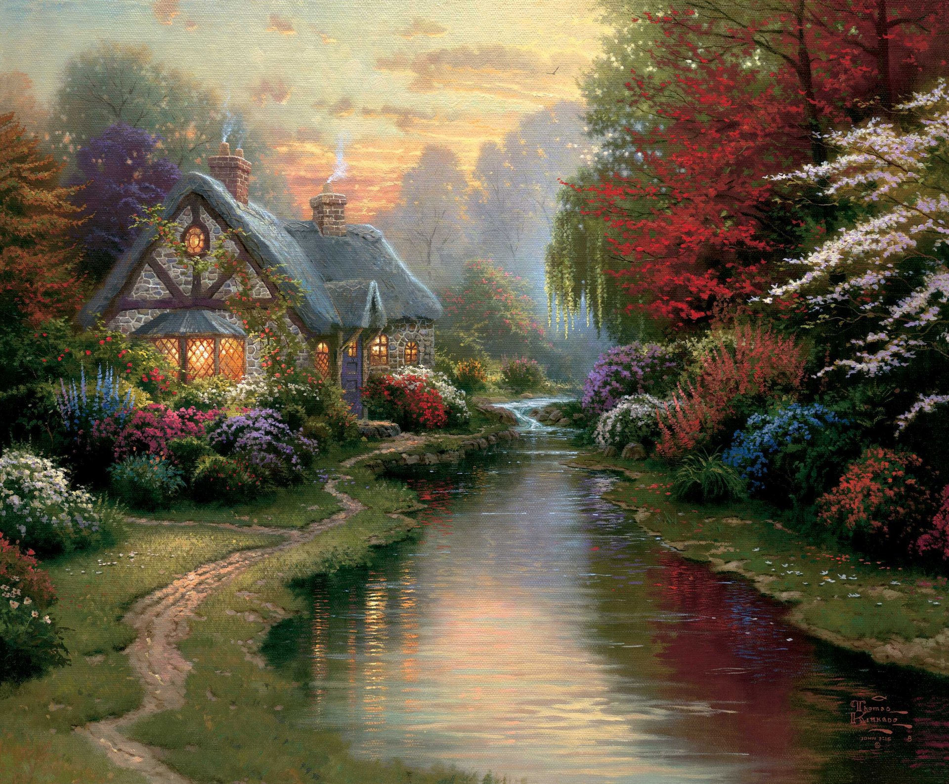 soirée tranquille thomas kincaid peinture kincaid pierre chalet soirée coucher de soleil ruisseau sentier fleurs lumière