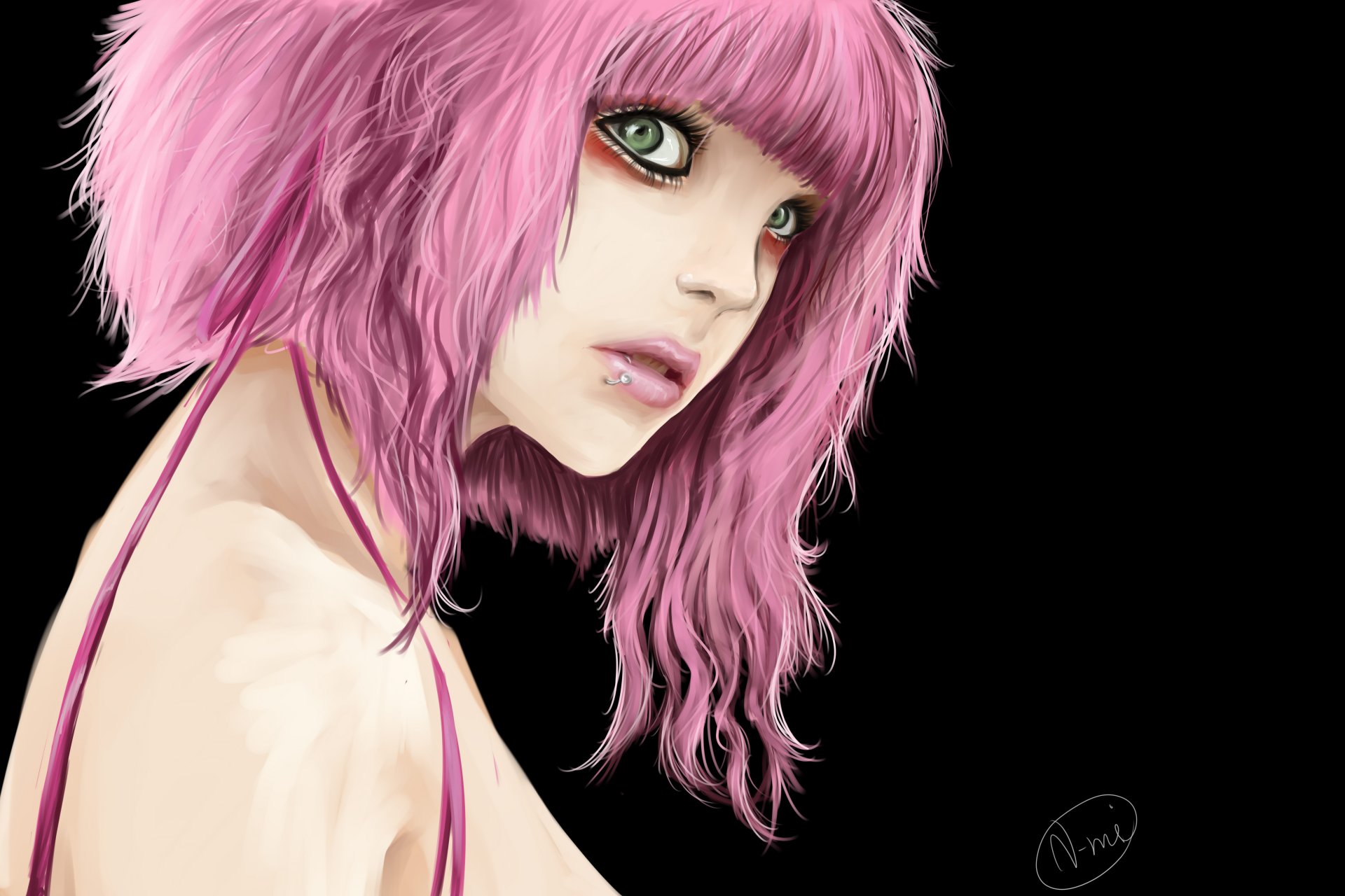 arte ragazza capelli rosa piercing sfondo scuro