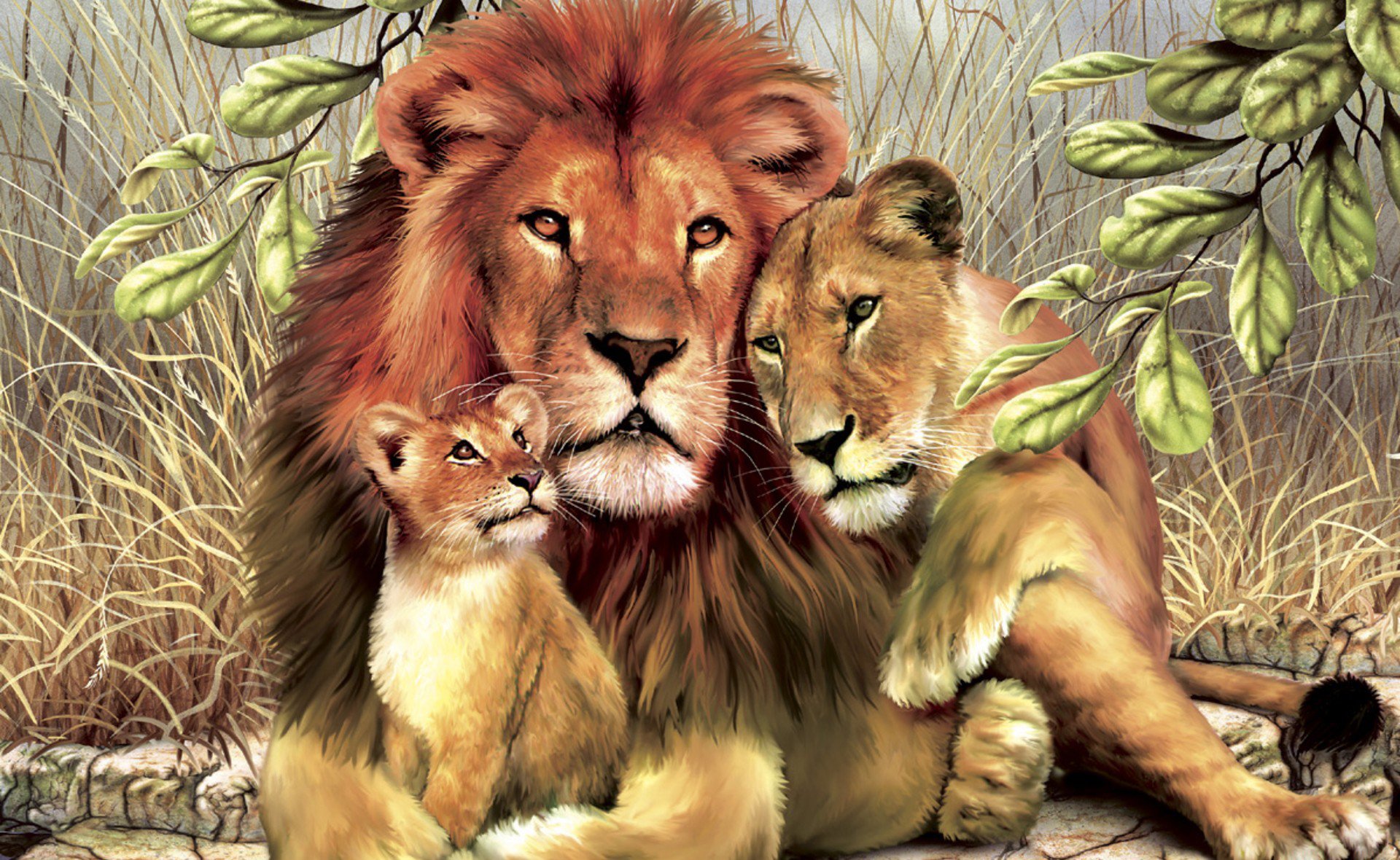 lions famille feuilles