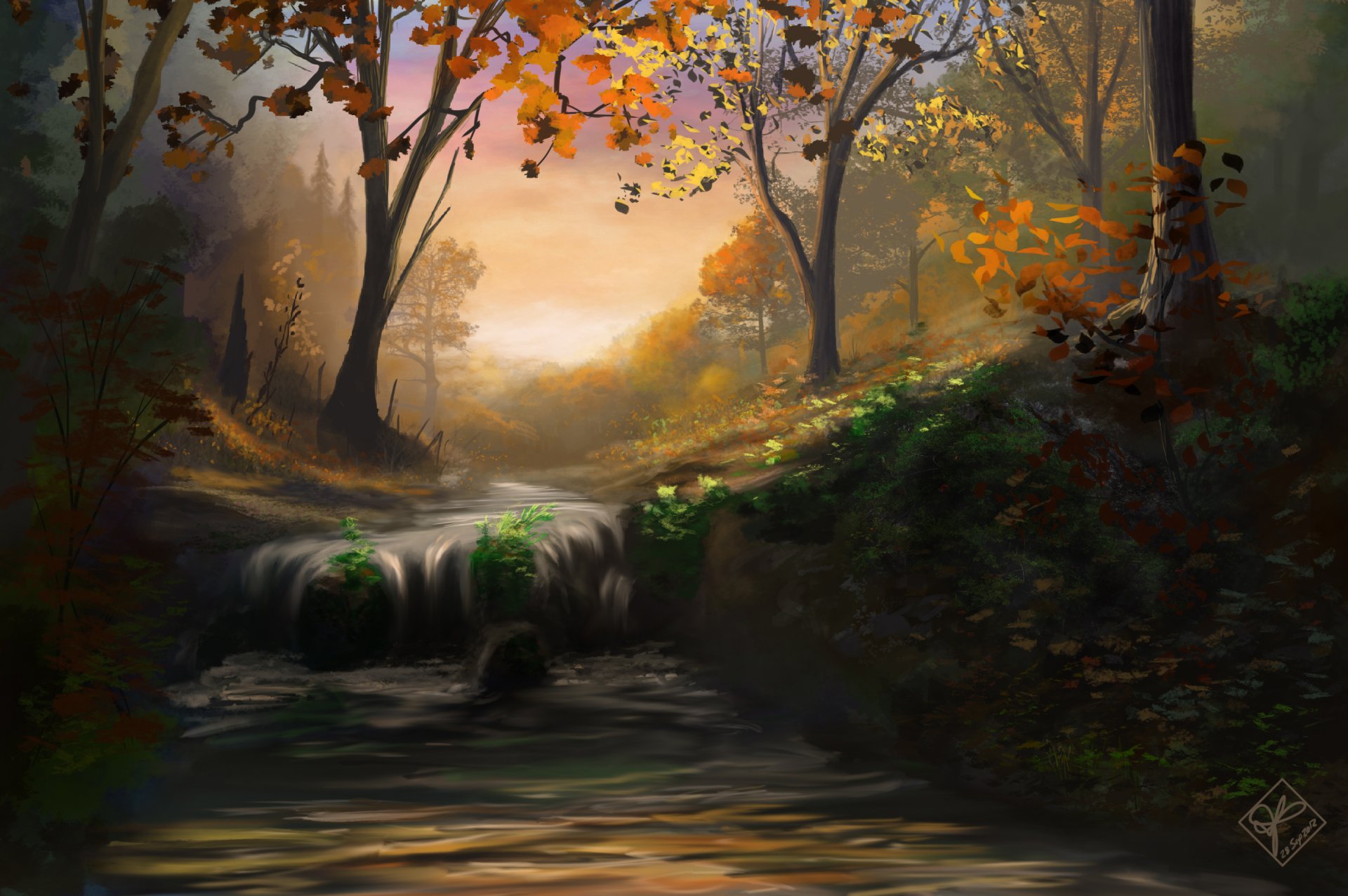 art nature autumn waterfall feed river tree leaves forest