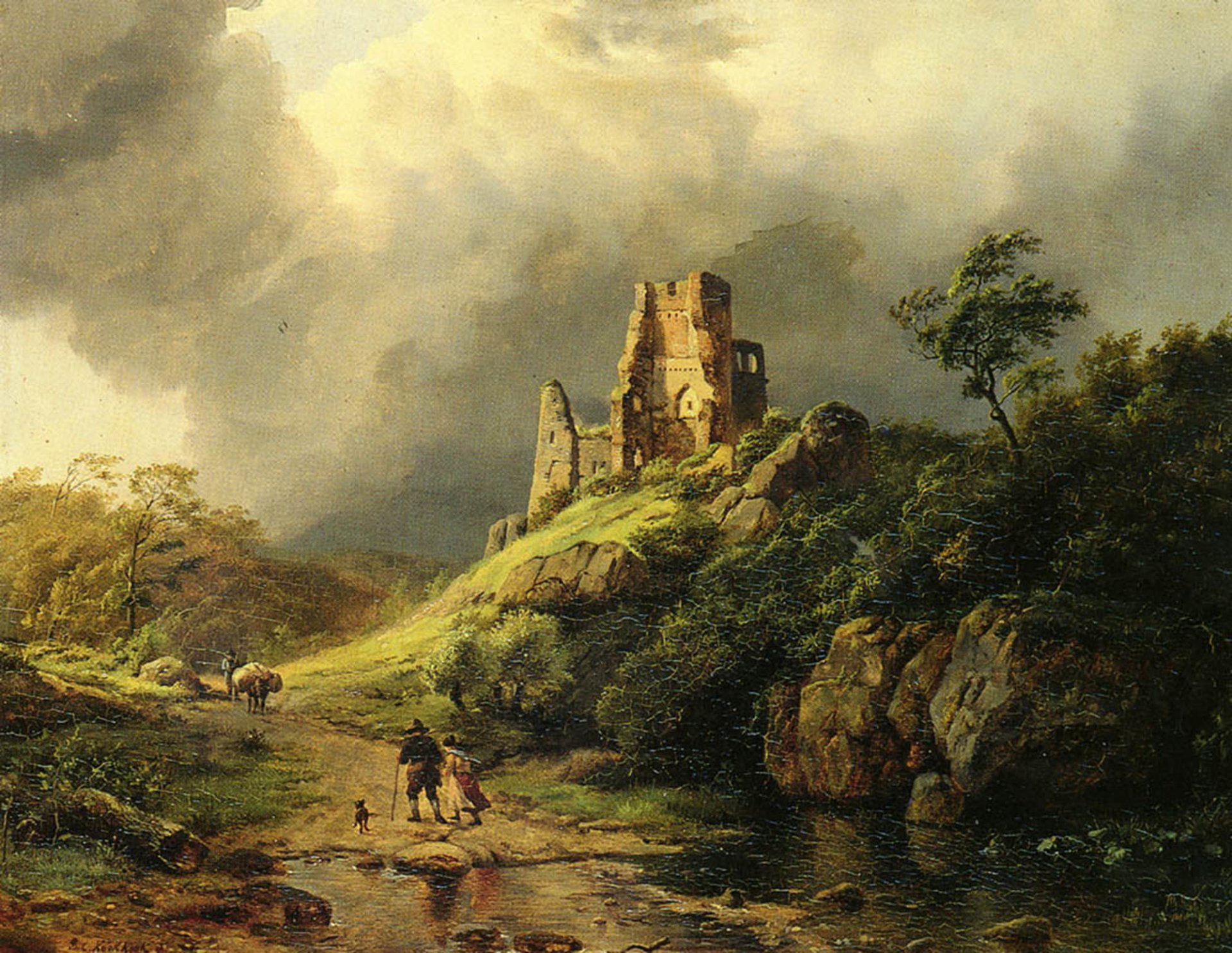 koekkoek barend cornelis pattern storm travelers ruins creek rock stones clouds people