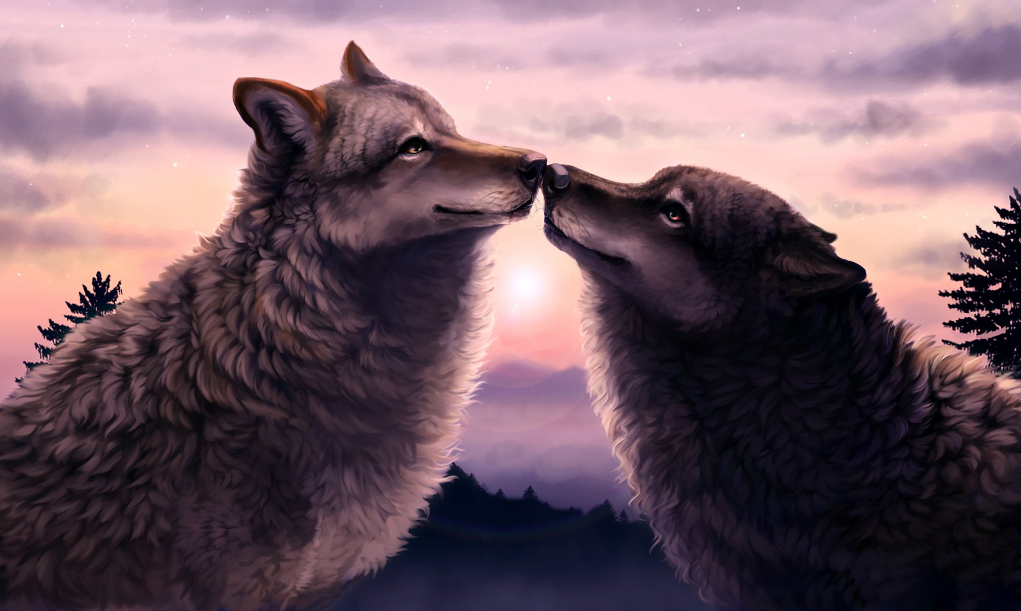 wolves two sunset forest