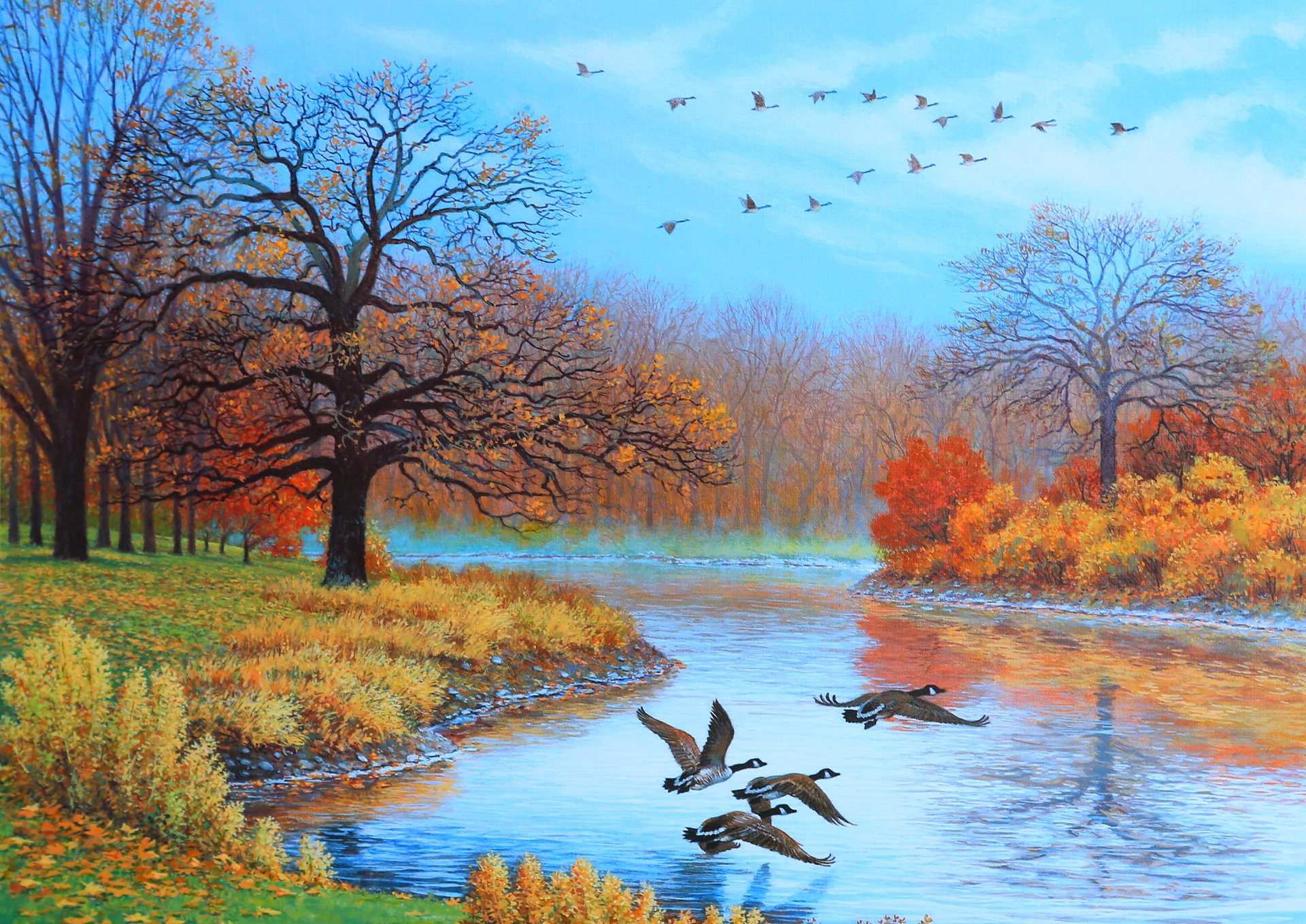 pintura paisaje otoño río patos pájaros árboles