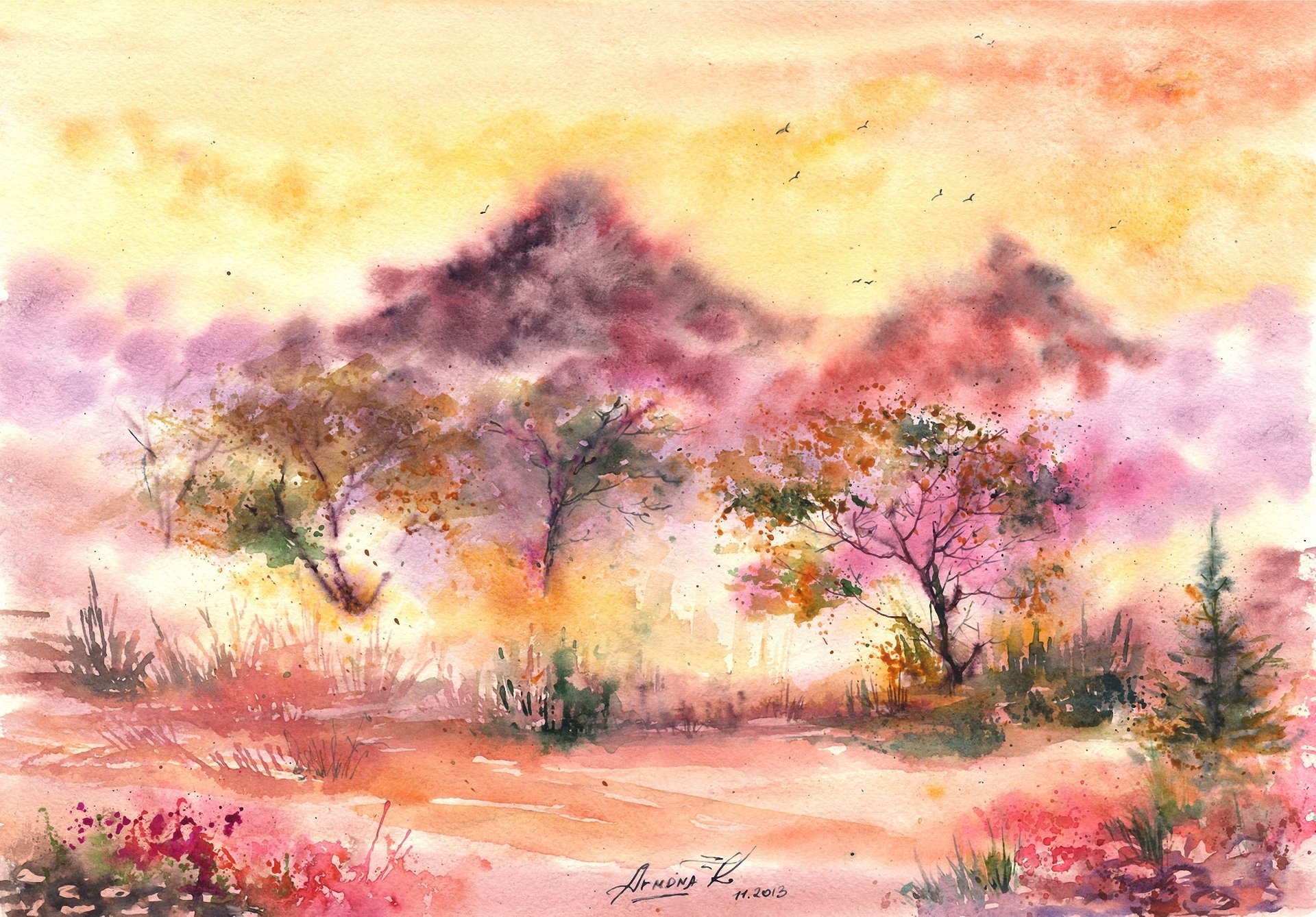 paysage peint aquarelle arbres oiseaux feuillage herbe