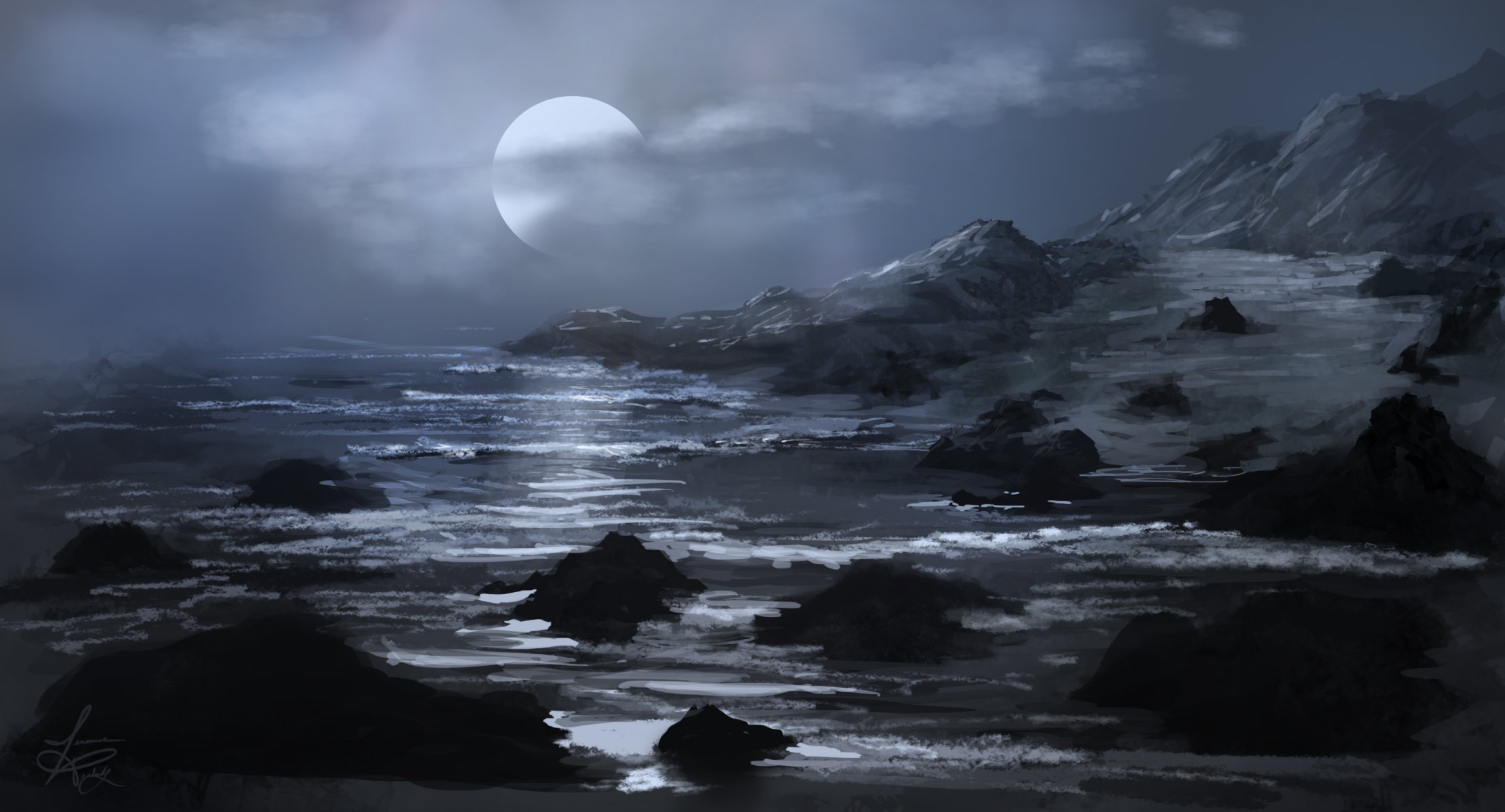 art paysage peint mer pleine lune montagnes rochers pierres nuages