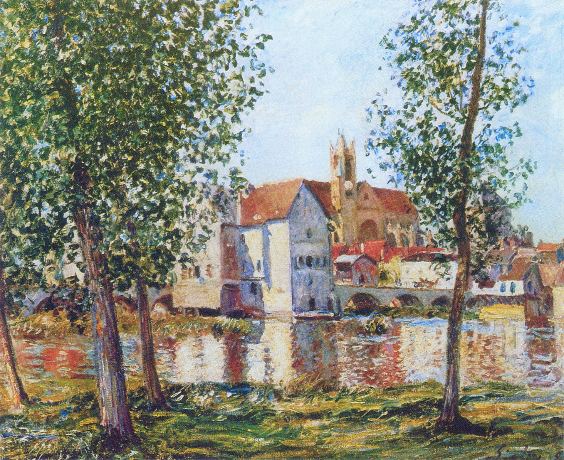 alfred sisley rzeka miasto domy most dzień niebo obraz