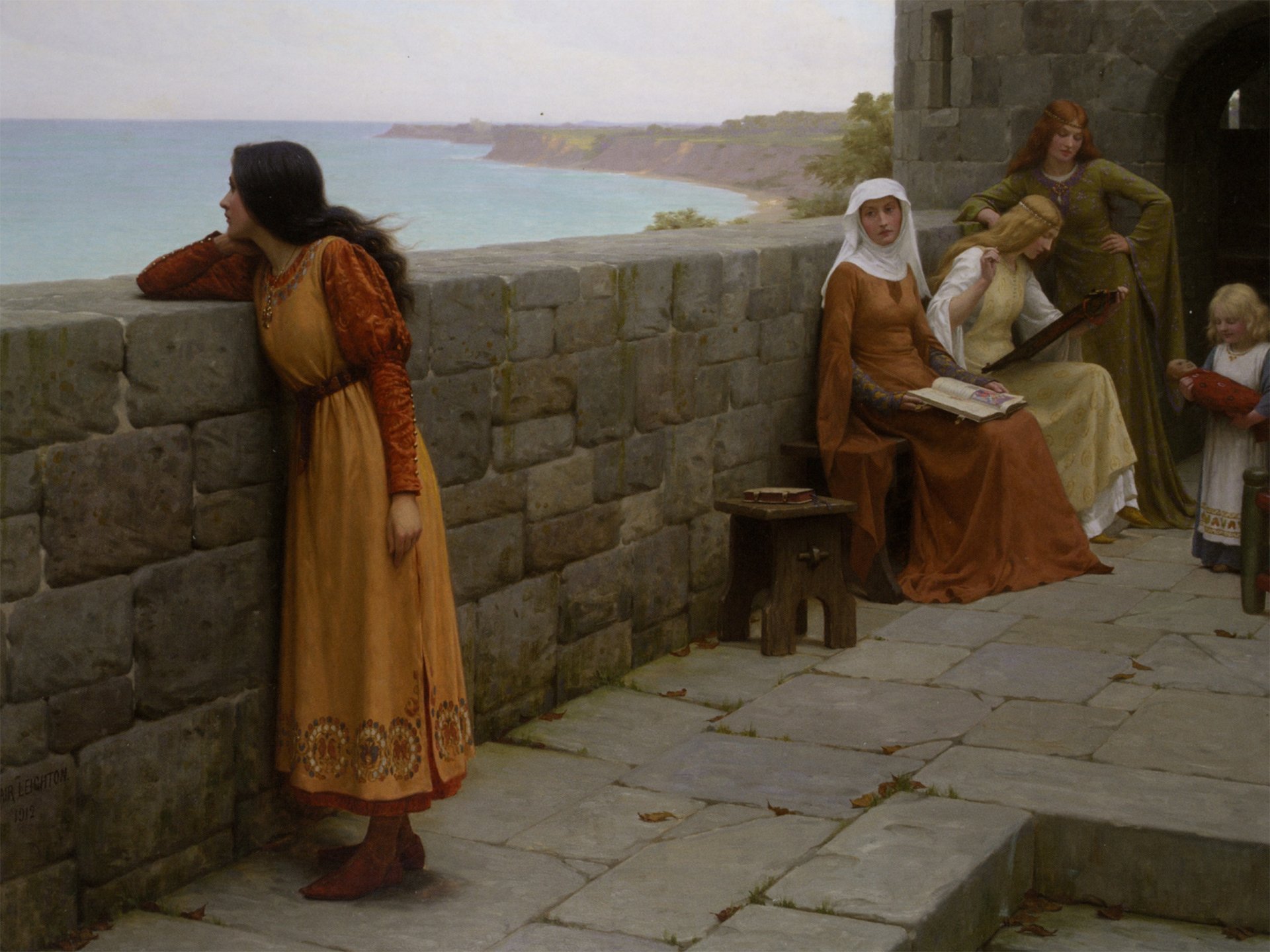 edmund blair leighton artista inglés romanticismo prerrafaelita edad media rehén imagen castillo fortificación pared doncella de nieve musa mar costa prerrafaelita rehén pintura crepe