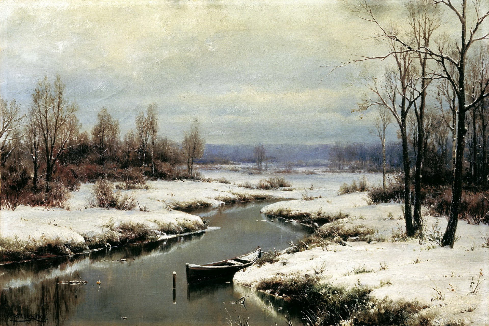 pintura welz comienzo del invierno pintura río agua nieve barco árboles