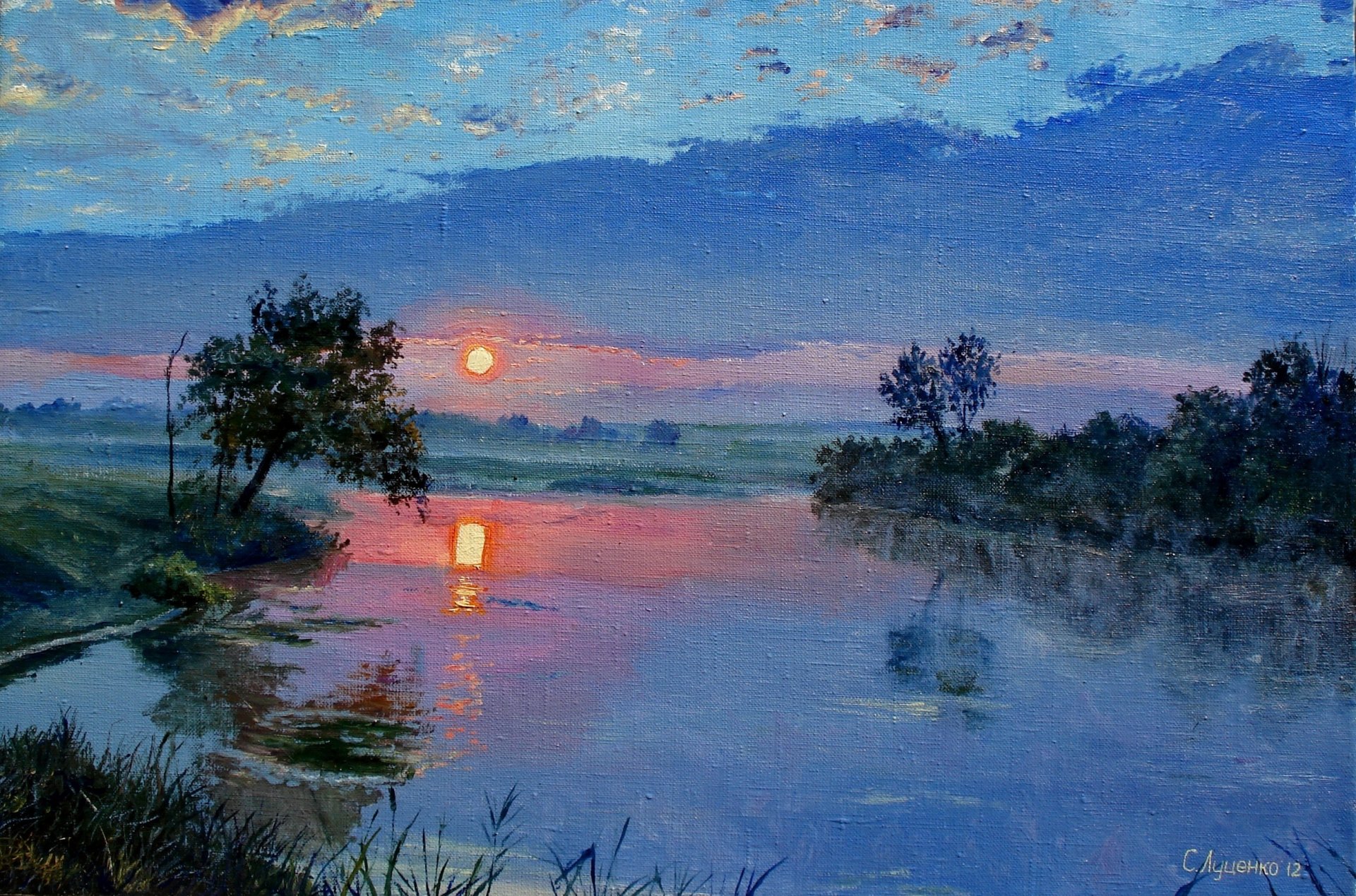 pittura lutsenko serata tranquilla pittura tela paesaggio natura tramonto acqua sole riva nuvole