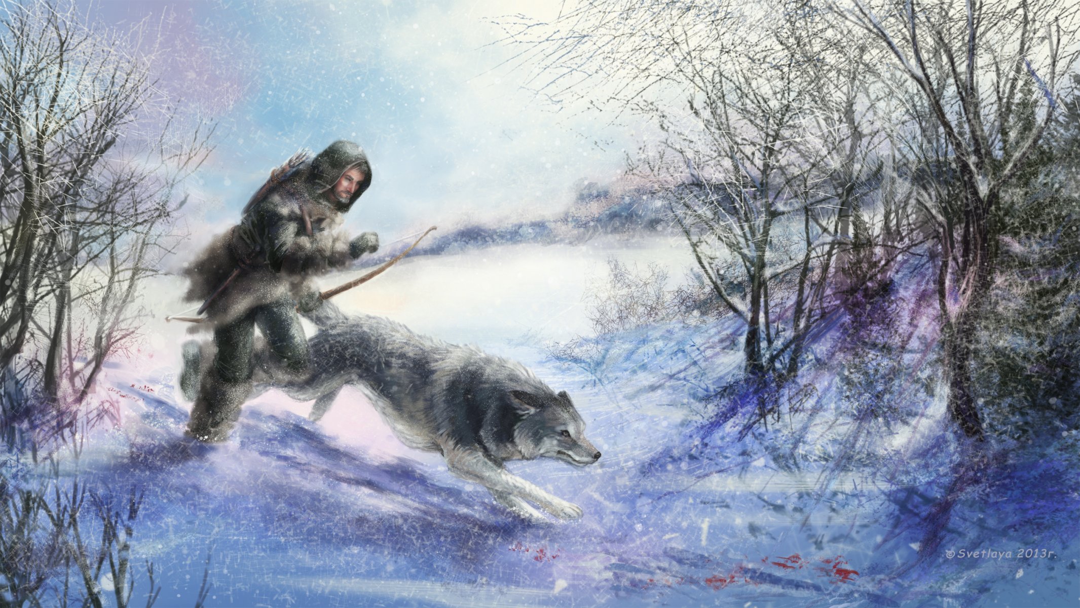 arte cazador animal lobo invierno. nieve. arbolado