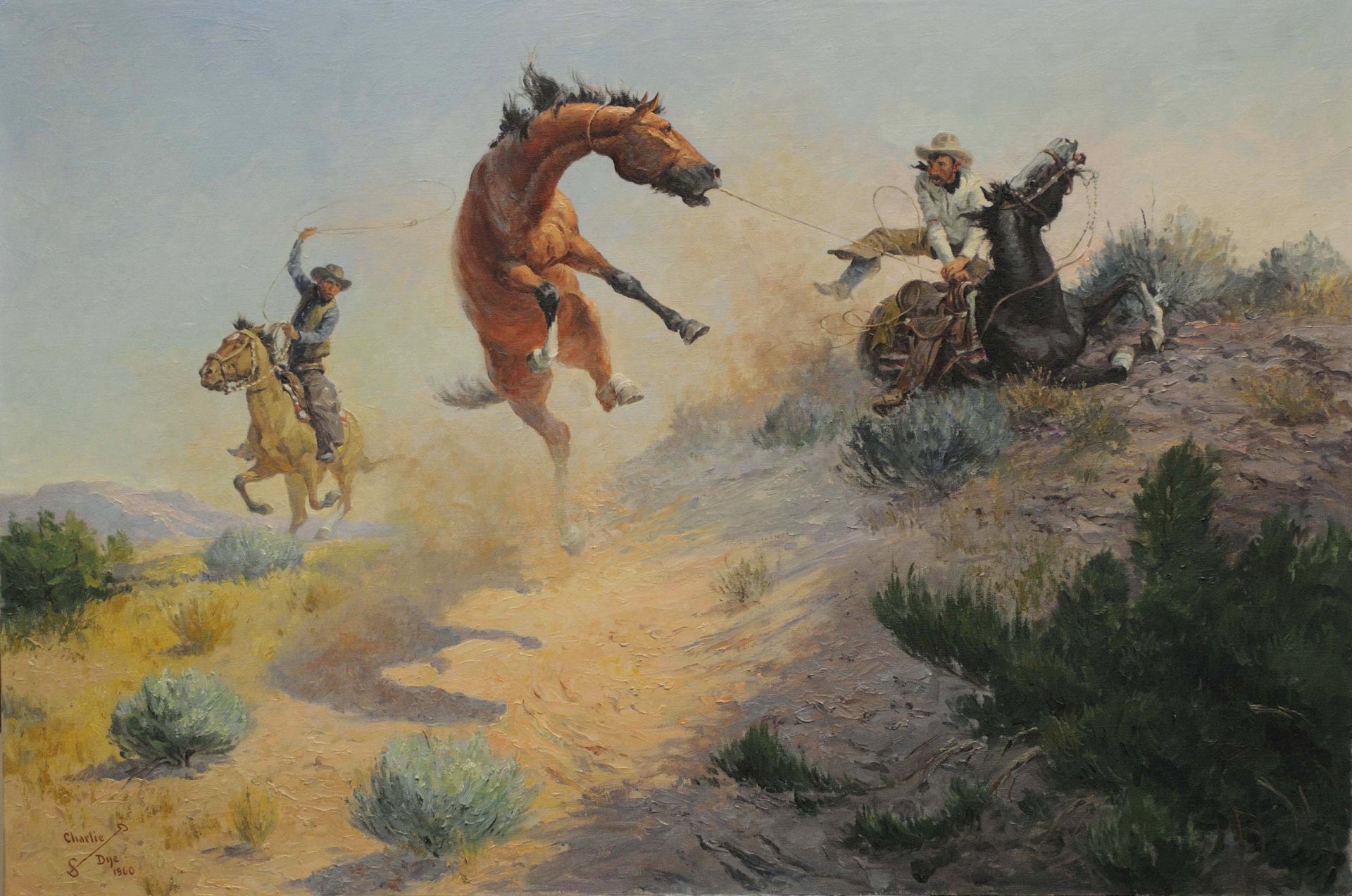 pittura paesaggio cielo montagna cowboy domare mustang