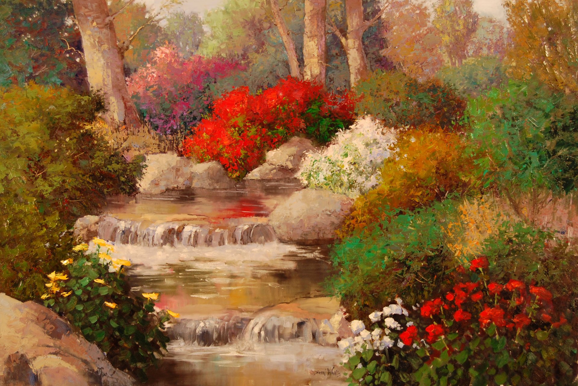 peinture nature arbres fleurs roses eau ruisseau