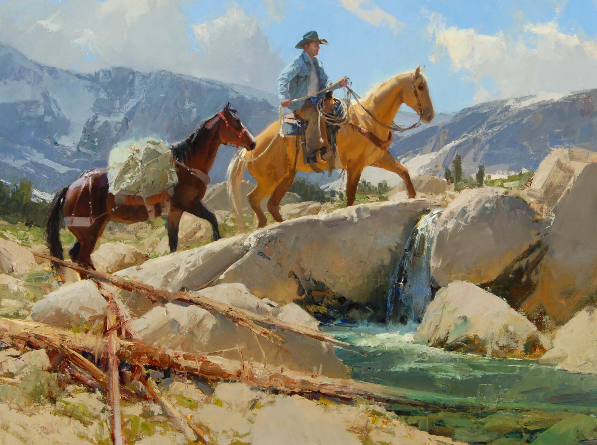 anton bill paysage ciel montagnes cowboy cheval ruisseau rivière pierres