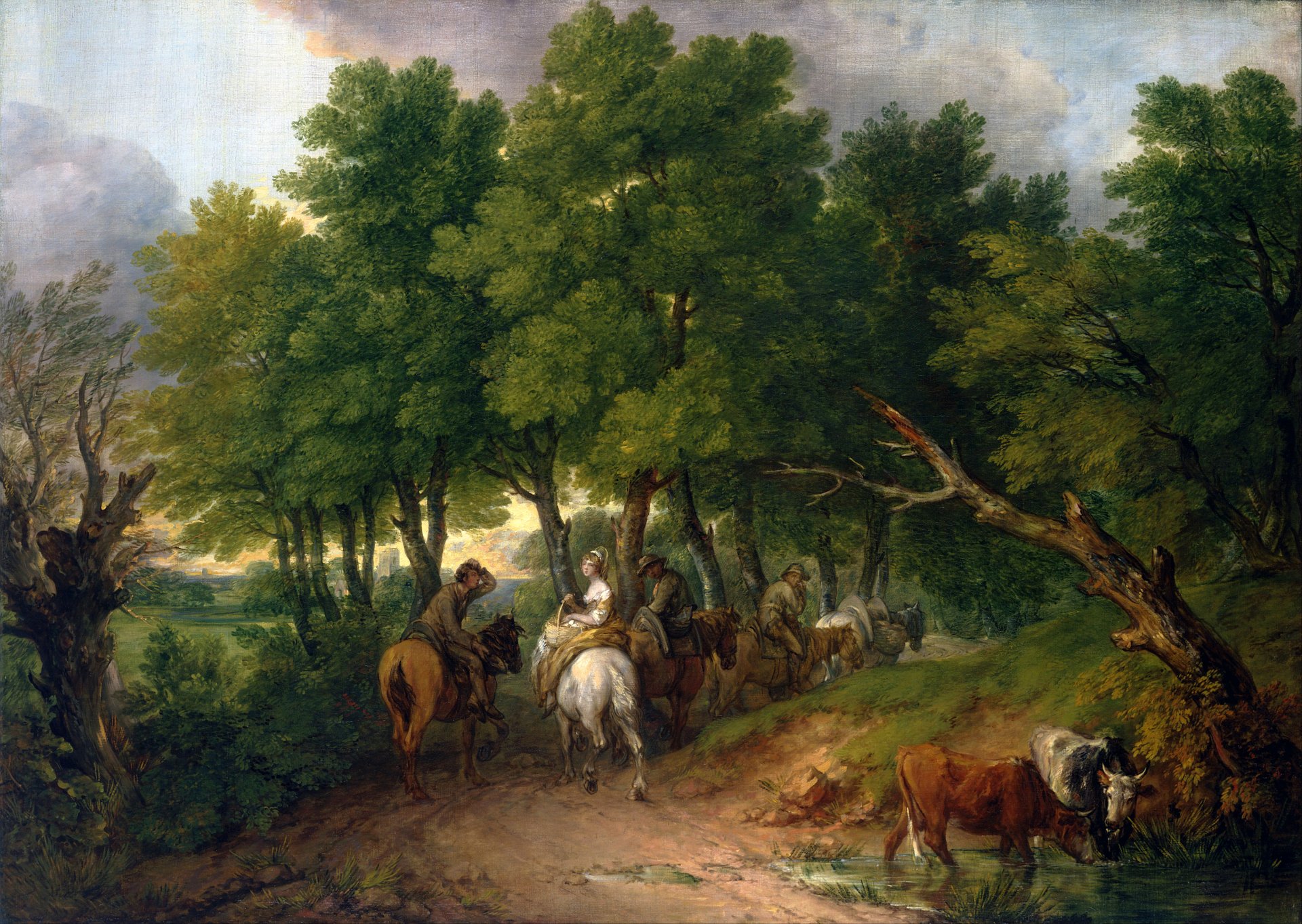 thomas gainsborough straße vom markt bild landschaft straße bäume menschen pferde kuh