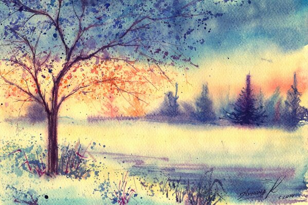 Winter landscape painted in watercolor