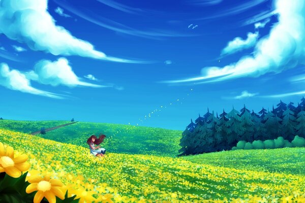 A girl in a field with yellow flowers