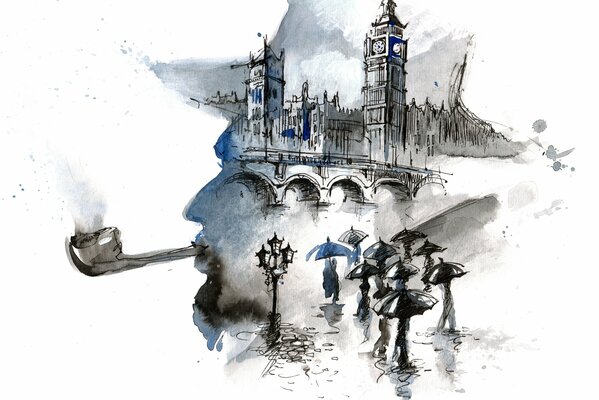 Illustration of rainy London with a view of Big Ben