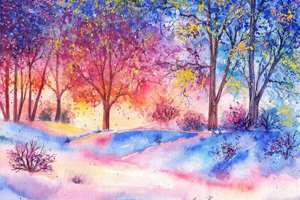 Paysage de forêt aquarelle avec des arbres en fleurs