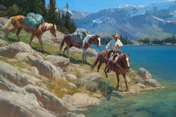 Cowboy and horses on the background of a mountain landscape