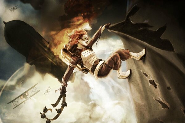 Art of a girl s battle with an airship in the sky