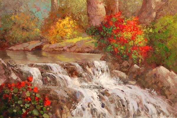 Picturesque art landscape of the waterfall