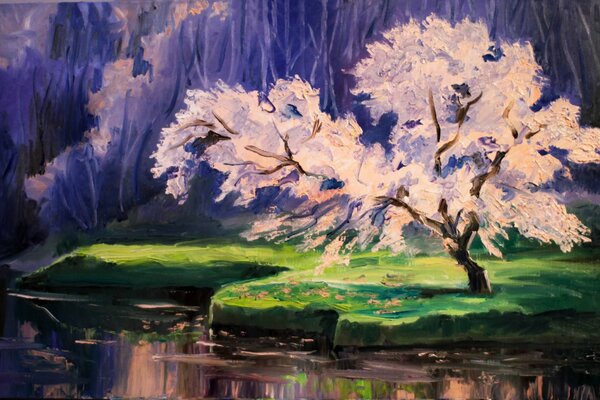 Peinture à l aquarelle. Sakura au bord du lac