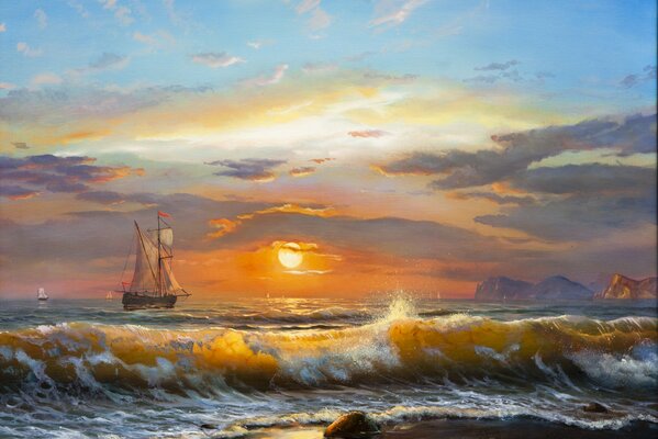 Oil painting. The sailboat goes to sea