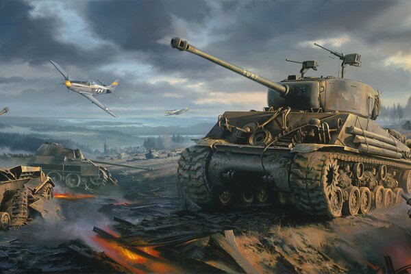 A picture of the battle of tanks and planes