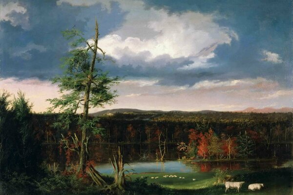 The work of Thomas Cole. Cows graze on a green plow by the lake