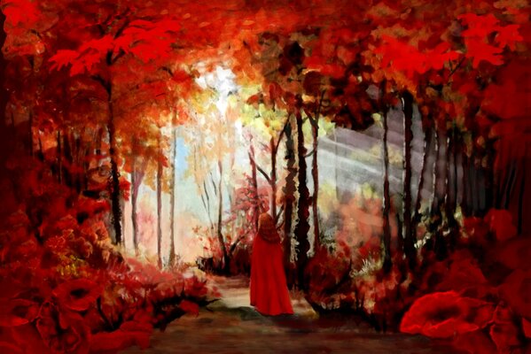 A girl in a raincoat in the red forest