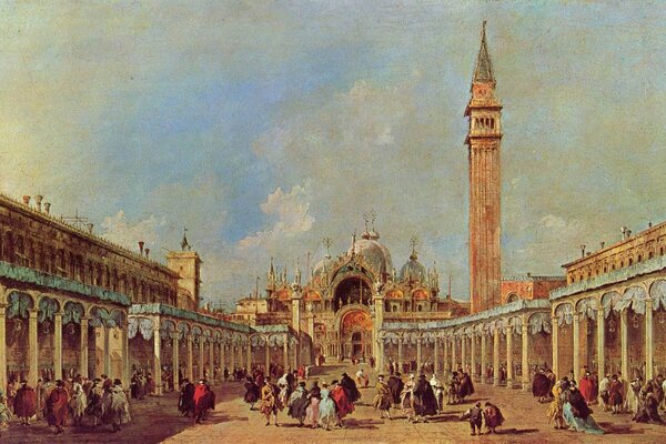 Peinture de Francesco Guardi. Les gens marchent sur la place