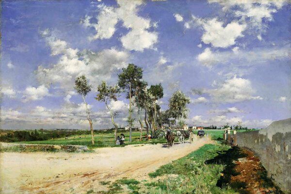 A painting by Giovanni Boldini. Horses are walking along a country road