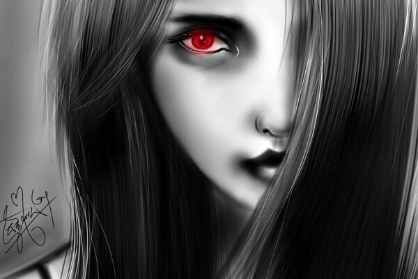 A girl in black and white with a red eye