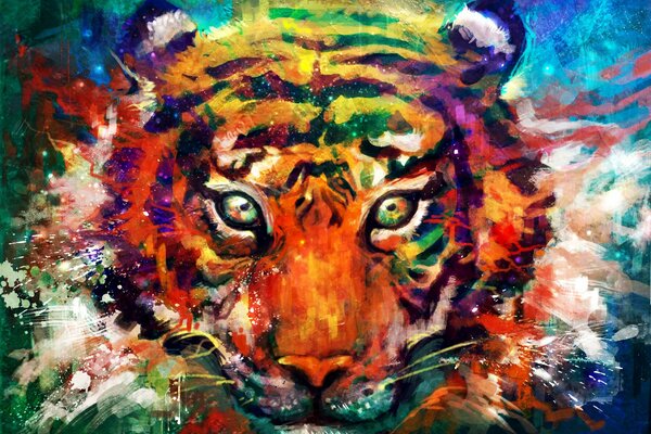 Pintura de arte en forma de un tigre multicolor con una mirada encantada