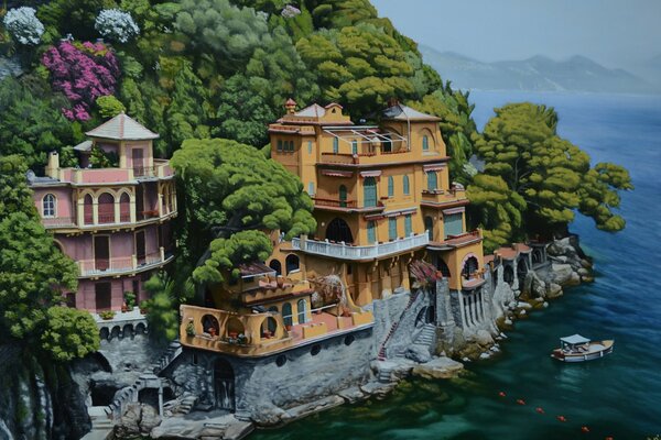 A house in trees on a mountain by the sea