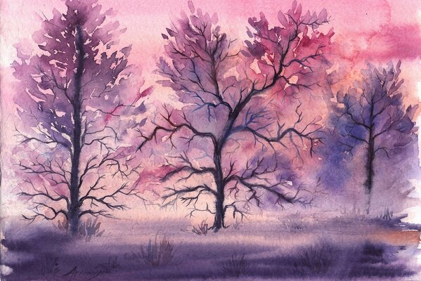 Watercolor landscape. Purple trees and grass