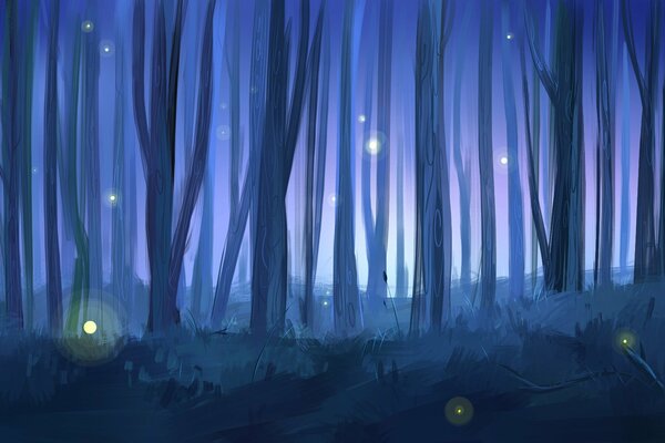 Dark forest art with fireflies